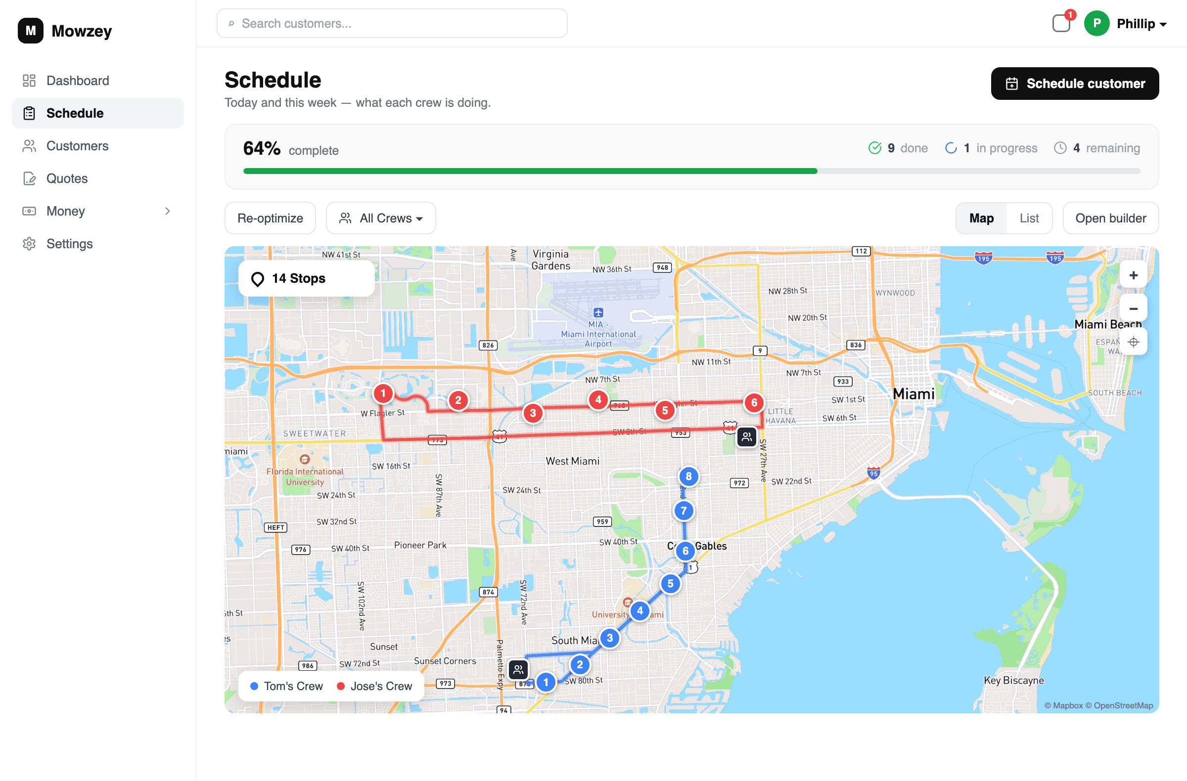 Mowzey Routes page showing two optimized crew routes over a Miami street map